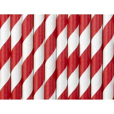 Papírszívószál - Csíkos, Piros/Fehér, 10db