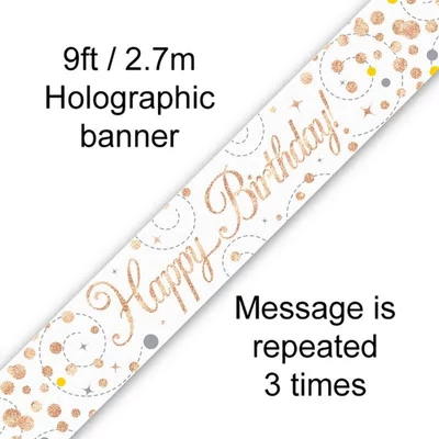 Happy Birthday banner – fehér/rosegold, 2,7 m (holografikus hatás)