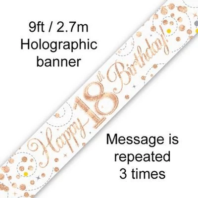 Happy 18th Birthday banner – fehér/rosegold, 2,7 m (holografikus hatás)