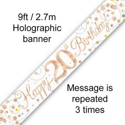 Happy 20th Birthday banner – fehér/rosegold, 2,7 m (holografikus hatás)