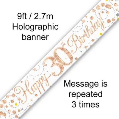 Happy 30th Birthday banner – fehér/rosegold, 2,7 m (holografikus hatás)