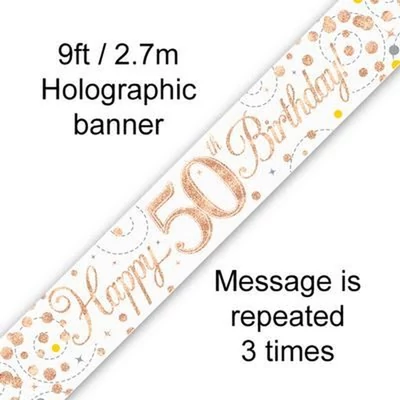 Happy 50th Birthday banner – fehér/rosegold, 2,7 m (holografikus hatás)