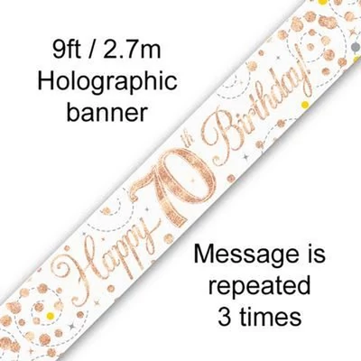 Happy 70th Birthday banner – fehér/rosegold, 2,7 m (holografikus hatás)