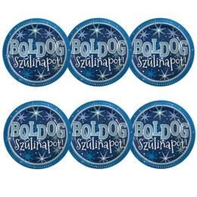 Papírtányér - Boldog szülinapot, Kék, 6db
