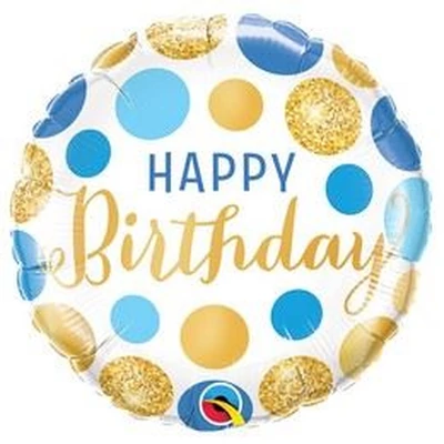 18 inch-es Birthday Blue & Gold Dots Szülinapi Fólia Lufi