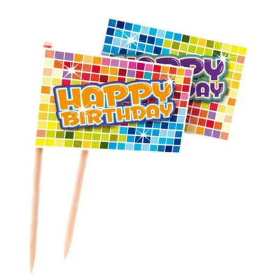 Színes Kockás Happy Birthday feliratos szülinapi falatka pálcika