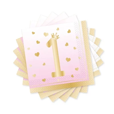 Pink Ombre Szalvéta Első Szülinapra - 33 cm x 33 cm, 16 db-os