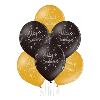 Boldog Szülinapot Gold és Black - Arany és Fekete Kerek Gumi (Latex) Lufi, 6 db, Héliummal