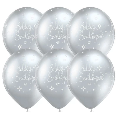 11 inch-es Boldog Szülinapot Chrome Silver - Ezüst Lufi (6 db/csomag) Héliummal