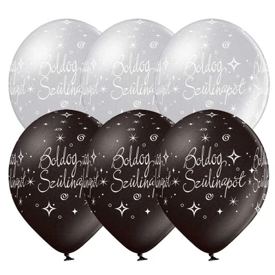 11 inch-es Boldog Szülinapot Silver és Black - Ezüst és Fekete Lufi (6 db/csomag) Héliummal