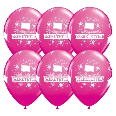 11 inch-es Ballagásodra Szeretettel Diplomakalap Mintás Vad Málna Lufi Ballagásra (6 db/csomag), Héliummal