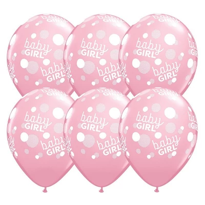 11 inch-es Baby Girl - Baba Lány Rózsaszín Dots - Pöttyös Lufi Babaszületésre (6 db/csomag), Héliummal